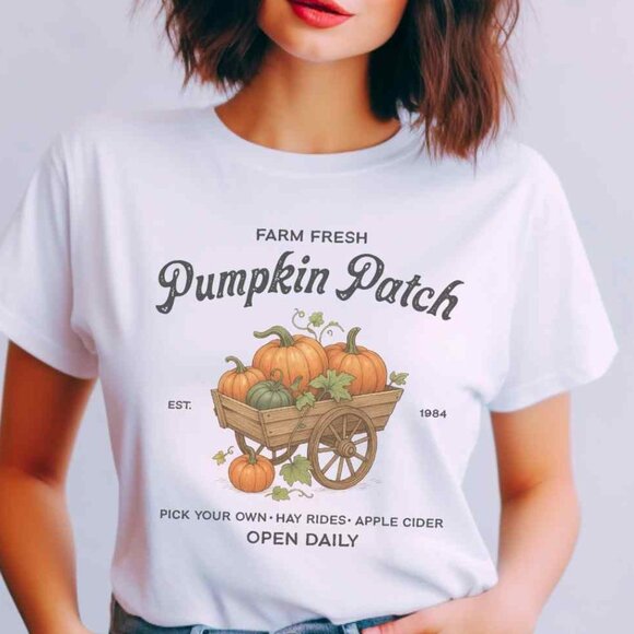 Pumpkin Patch Fall Graphic Tee Autumn Vintage Farmers Market Style T-Shirt - Picture 1 of 4